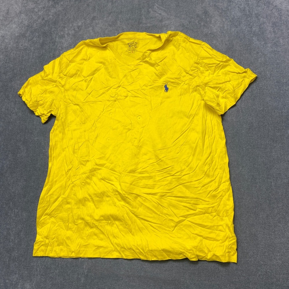 Vintage Polo Ralph Lauren T-Shirt Mens Large Yellow V-Neck Logo Short Sleeve
